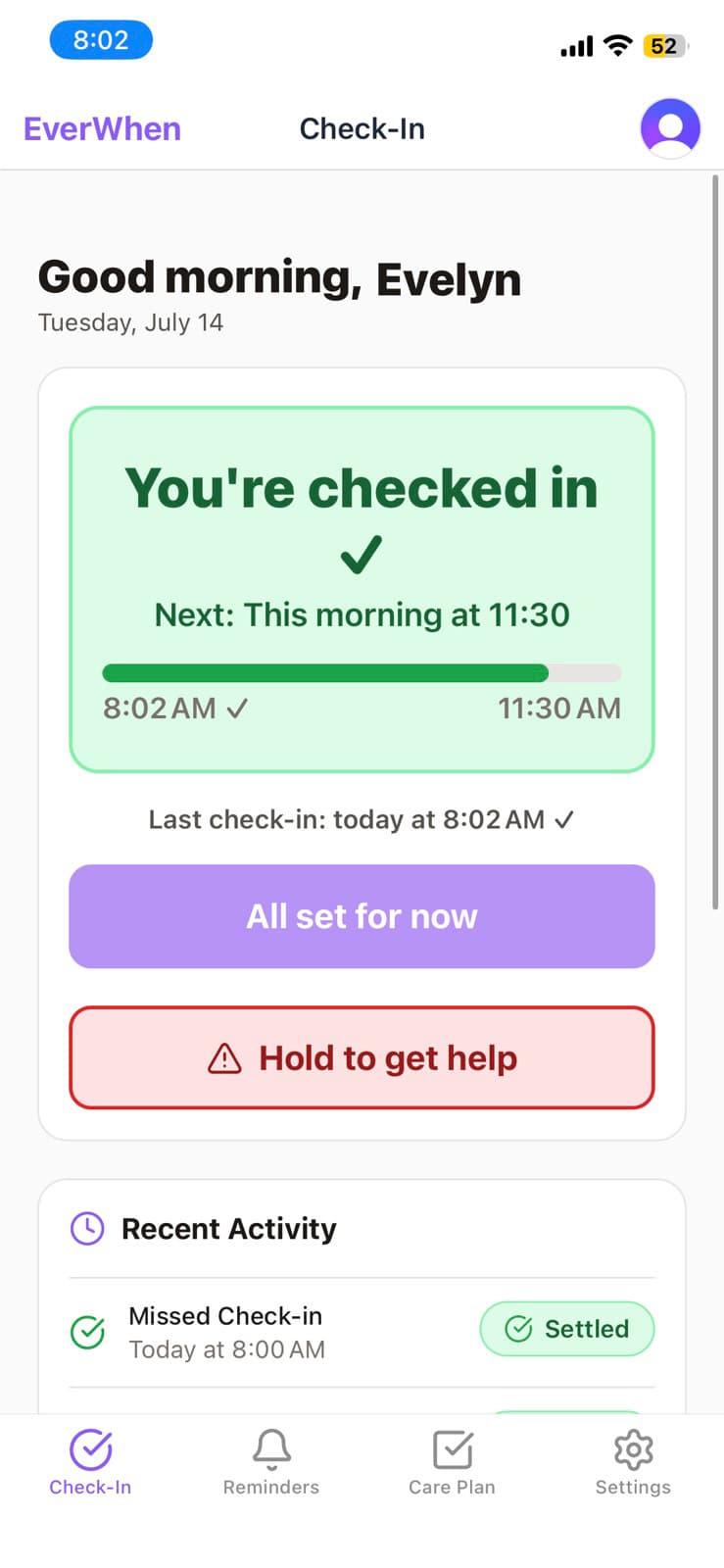 EverWhen check-in screen — Safe