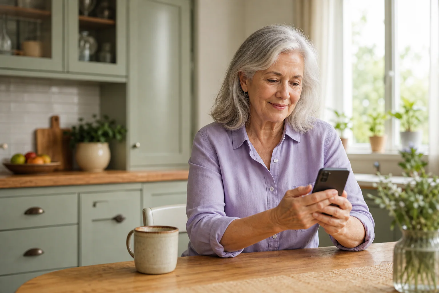 An independent older woman using her phone during her morning routine